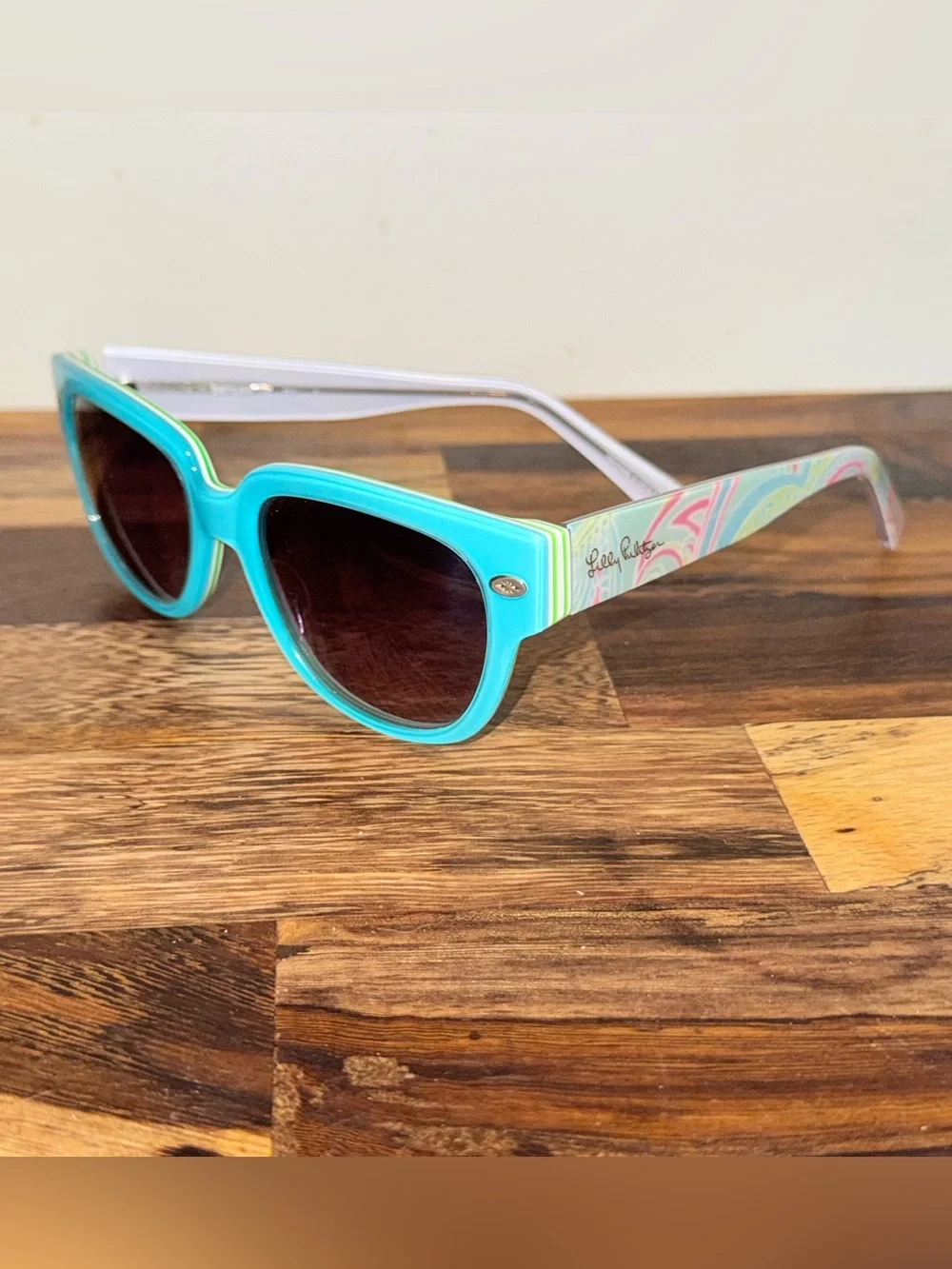 Lilly Pulitzer Turquoise Cat-Eye Sunglasses with Patterned Arms